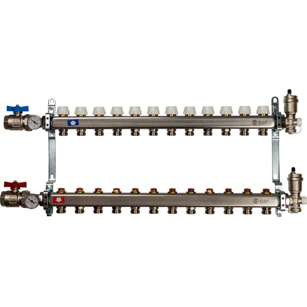 Коллектор из нерж. стали для систем напольного и радиат. отопления с вентилями на 12выходов STOUT /1